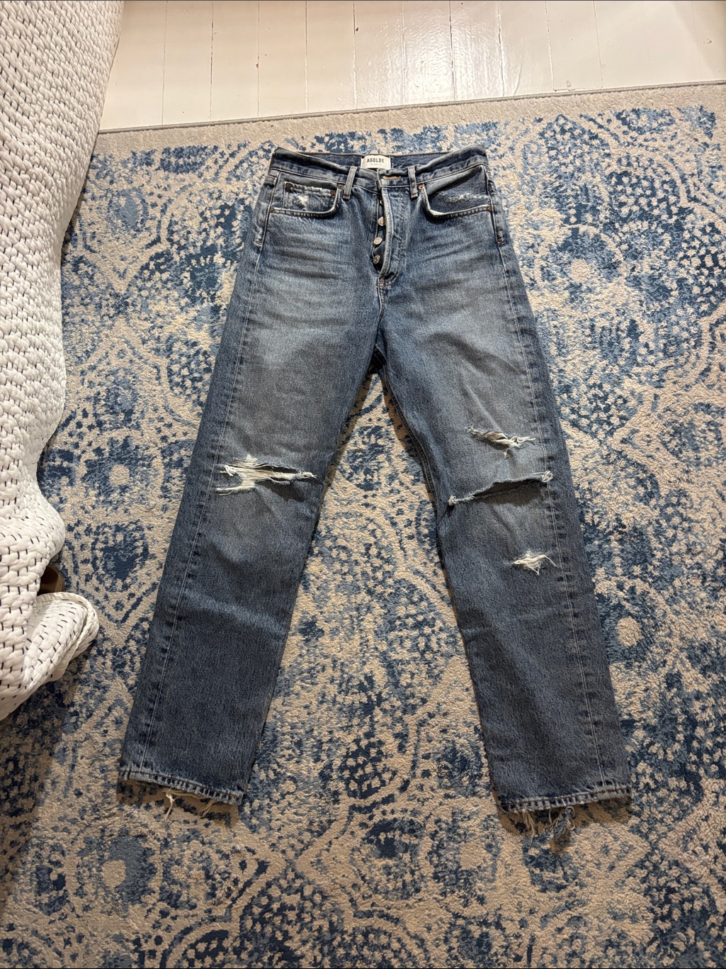 Agolde Distressed Washed Blue Straight Leg Jeans